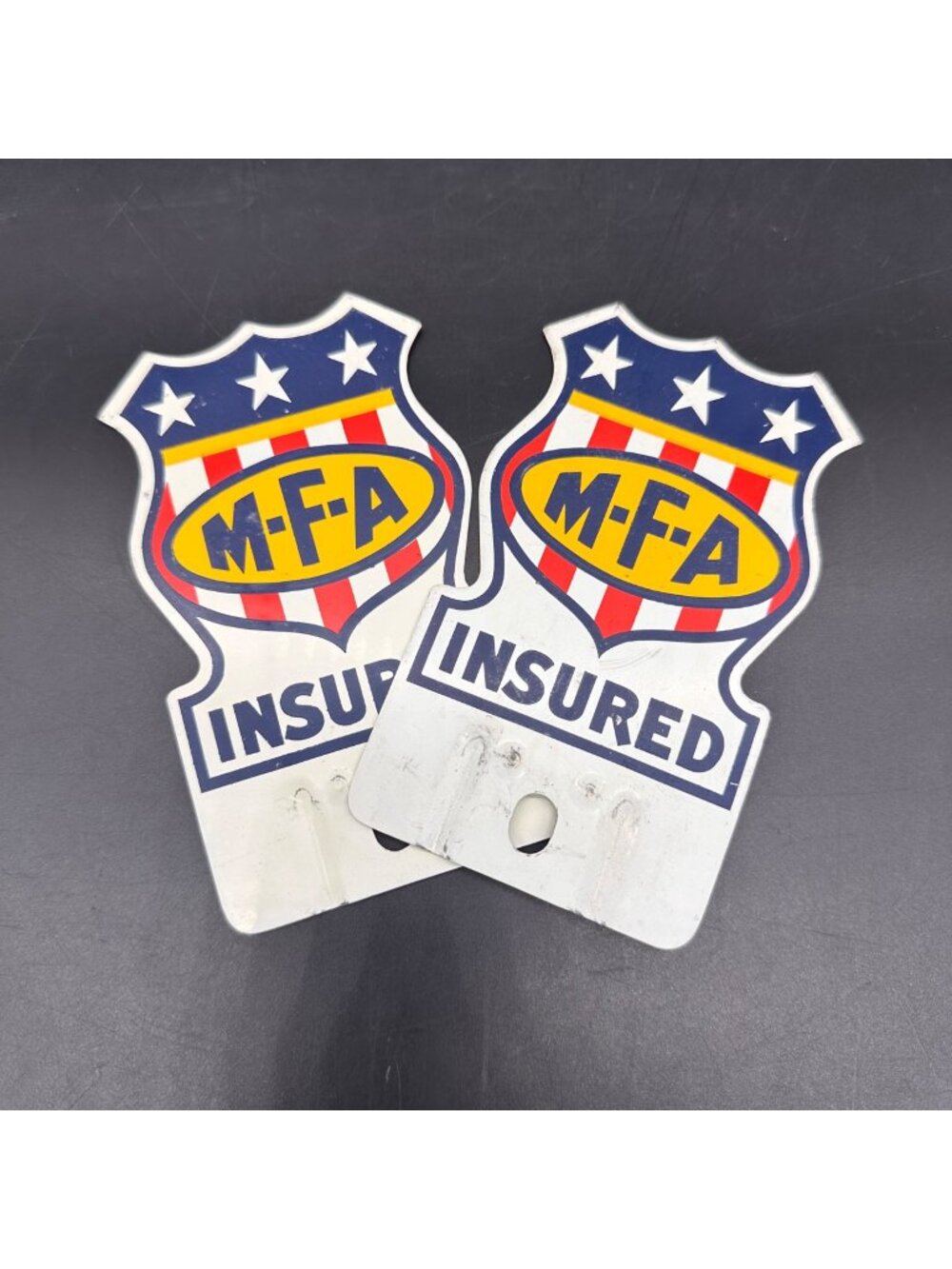 Vintage MFA Insurance License Plate Toppers Metal Agriculture Advertising Shield